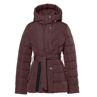 A women's quilted puffer coat in a deep plum-brown color, featuring a hood, a matching waist tie belt, and brass-tone snap buttons. The Belloconte brand name is visible on the inner lining of the belt.