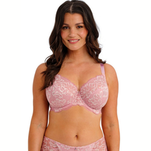 Load image into Gallery viewer, Woman wearing a pink lace bra and panties set on a white background
