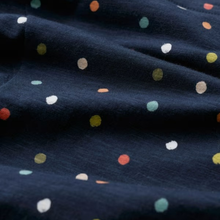 Load image into Gallery viewer, Navy blue fabric with multicolored polka dots
