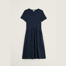 Load image into Gallery viewer, Navy dress with small pattern on a light gray background
