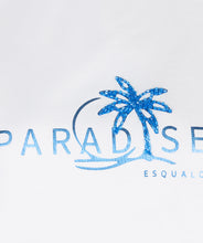 Load image into Gallery viewer, esqualo paradise tshirt logo on tshirt closeup
