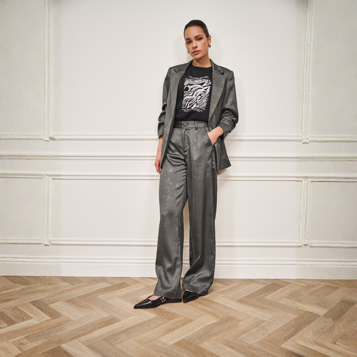 Esqualo Shimmer Crinkle Blazer | Anthracite