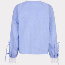 Load image into Gallery viewer, Blue and white striped shirt with tie sleeves on a white background

