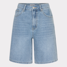Load image into Gallery viewer, Light blue denim shorts on a light gray background
