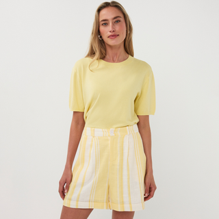Woman wearing a yellow top and striped skirt on a white background