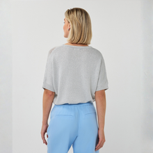 Load image into Gallery viewer, Rear of Light Blue top on Model on Light grey background
