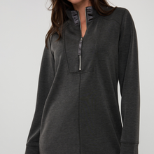 Load image into Gallery viewer, Dark gray long-sleeve top with a quarter zip on a white background
