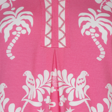 Load image into Gallery viewer, Pink fabric with white palm tree, bird, and floral pattern
