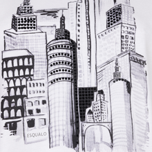 Load image into Gallery viewer, Black and white drawing of tall buildings with 'ESQUALO' branding.
