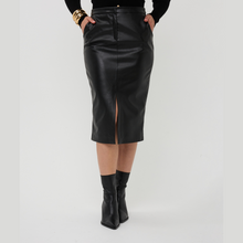 Load image into Gallery viewer, Person wearing a black leather skirt with a white background
