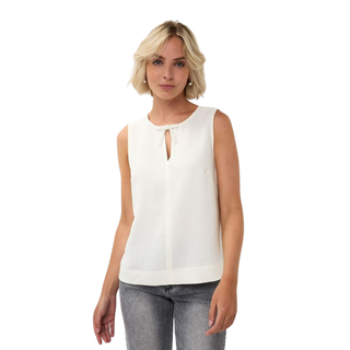 Image of mid view of model, wearing the Esqualo Bow Brooch Blouse