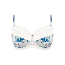 Load image into Gallery viewer, White bikini top with blue floral pattern on a white background
