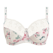 Load image into Gallery viewer, A white and pink floral lace bra with green leaves, featuring a sheer floral underwire cup design and white lace cups with scalloped edges.
