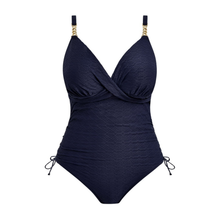 Load image into Gallery viewer, Navy blue swimsuit with gold accents on a white background
