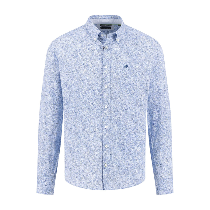 Blue patterned shirt on a white background
