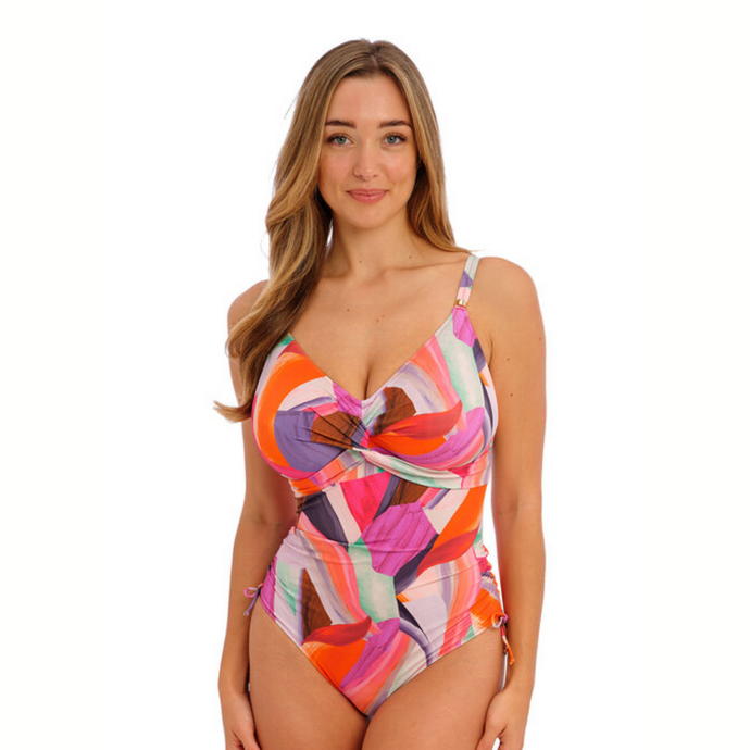 A model wearing the Fantasie Aguada Beach Swimsuit in Sunrise. 