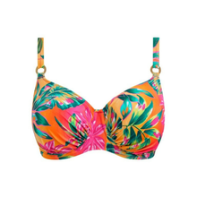 Load image into Gallery viewer, Colorful tropical leaf-patterned bikini top on a white background
