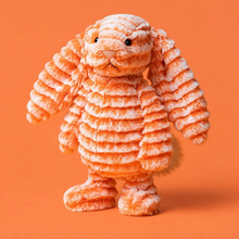 Load image into Gallery viewer, An orange and white striped plush bunny toy with long floppy ears, photographed standing against a solid orange background.
