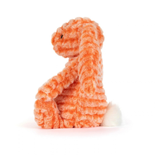 Load image into Gallery viewer, An orange striped plush bunny toy with a white tail, shown from the side against a clean white background.
