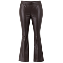Load image into Gallery viewer, Dark brown faux leather flare pants shown on a plain white background.

