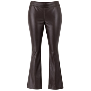 Dark brown faux leather flare pants shown on a plain white background.