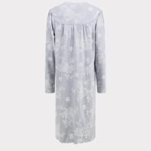 Load image into Gallery viewer, Back view of the Slenderella Pattern Nightdress, highlighting the long sleeves and classic straight cut in floral cotton interlock jersey.
