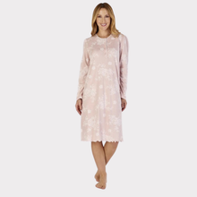 Load image into Gallery viewer, Model wearing the Slenderella Pattern Nightdress, showing the long-sleeved, round-neck floral nightdress in full length
