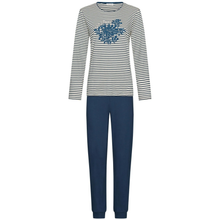 Load image into Gallery viewer, A women's two-piece pajama set featuring a long-sleeve top with navy and cream horizontal stripes, a blue floral graphic on the chest, and matching navy blue pants, shown against a plain white background.
