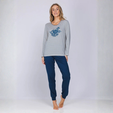 Load image into Gallery viewer, stripe pj top with plain bottoms on a grey back ground 
