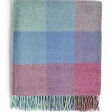 Load image into Gallery viewer, Checkered blanket with fringes in blue, green, and pink on a white background

