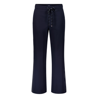 Navy blue pants with a drawstring on a white background