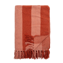 Load image into Gallery viewer, Striped red and pink blanket with fringes on a white background
