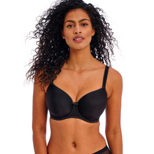 Load image into Gallery viewer, A close up of a model wearing the Freya Idol Black Moulded Balcony Bra in Black. 
