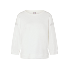 Load image into Gallery viewer, White sweatshirt with brand logos on sleeves against a white background
