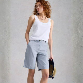 Model posing wear ing White Stuff Chino Short| Heidi, with a grey background