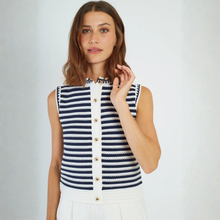 Load image into Gallery viewer, Woman wearing a sleeveless striped shirt with buttons on a plain background
