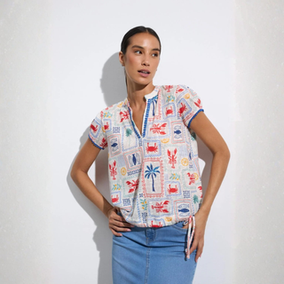 Model in Short Sleeve Top on White background 