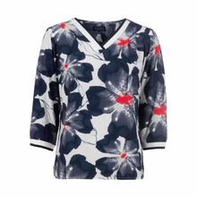 Load image into Gallery viewer, Front of Squesto V-neck Navy Floral Blouse
