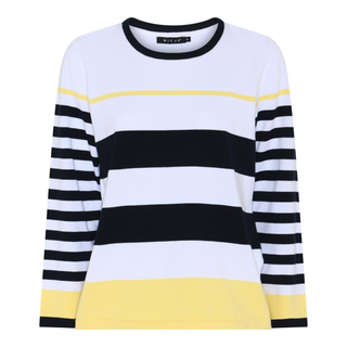 Striped sweater with black, white, and yellow colors on a white background