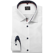 Load image into Gallery viewer, White dress shirt with patterned collar and cuffs on a white background
