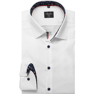 White dress shirt with patterned collar and cuffs on a white background