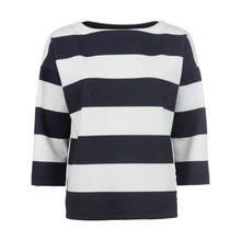 Load image into Gallery viewer, Navy and white striped sweater on a white background
