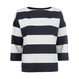 Navy and white striped sweater on a white background