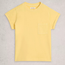 Load image into Gallery viewer, Yellow t-shirt with a pocket on a light gray background
