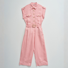 Load image into Gallery viewer, Pink jumpsuit with a belt on a light gray background
