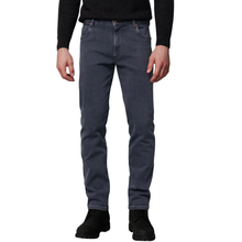 Load image into Gallery viewer, Close up of front of Meyer M5 Regular Fit Jeans, with a white background.
