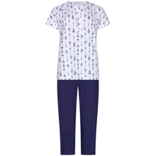 Load image into Gallery viewer, White top with blue pattern and navy pants on a white background
