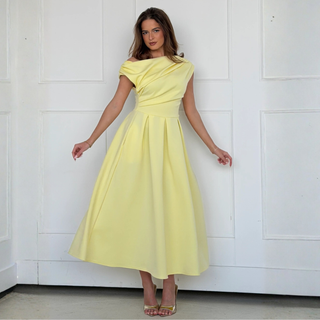 Front of Girl In Mind Betty Asymmetric Dress Lemon
