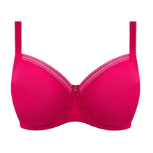 Load image into Gallery viewer, A bright pink wire bra with a subtle vertical ribbed texture, scalloped mesh underwire bands, and thin adjustable shoulder straps, shown against a plain white background.
