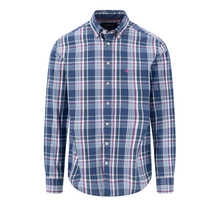 Load image into Gallery viewer, A men's long-sleeve button-down shirt in a blue, white, and pink plaid pattern, featuring a small embroidered logo on the left chest.
